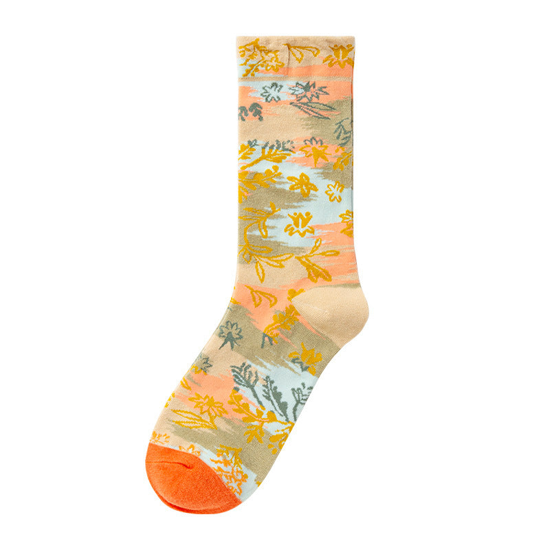 Oil Painting Socks Women's French Retro Ins Tide Autumn and Winter Abstract Tall Tube Creative Combed Cotton Women's Medium Tube Socks