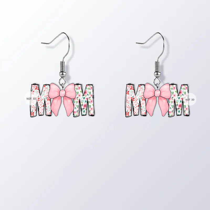 Original Design MOM Letter Bow 2D Acrylic Earrings Cute Fit for Mother's Day Gift