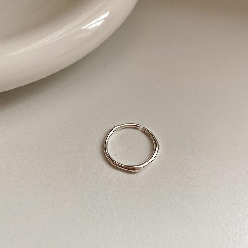 Korean Version of S925 Sterling Silver Niche Design Irregular Simple Plain Ring Female Stacking Wearing Hipster Ring Cold Wind