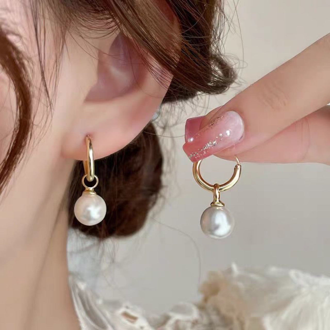 New French Xiaoxiangfeng Fresh and Sweet Pearl Pendant Earrings Plated with 18K Gold Simple Ear Buckle Ear Jewelry
