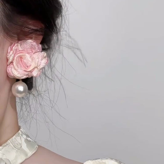 Pink Big Flower Earrings Girl Mori Sweet Small Fresh Three-dimensional Chiffon Pearl Pendant Earrings Tide