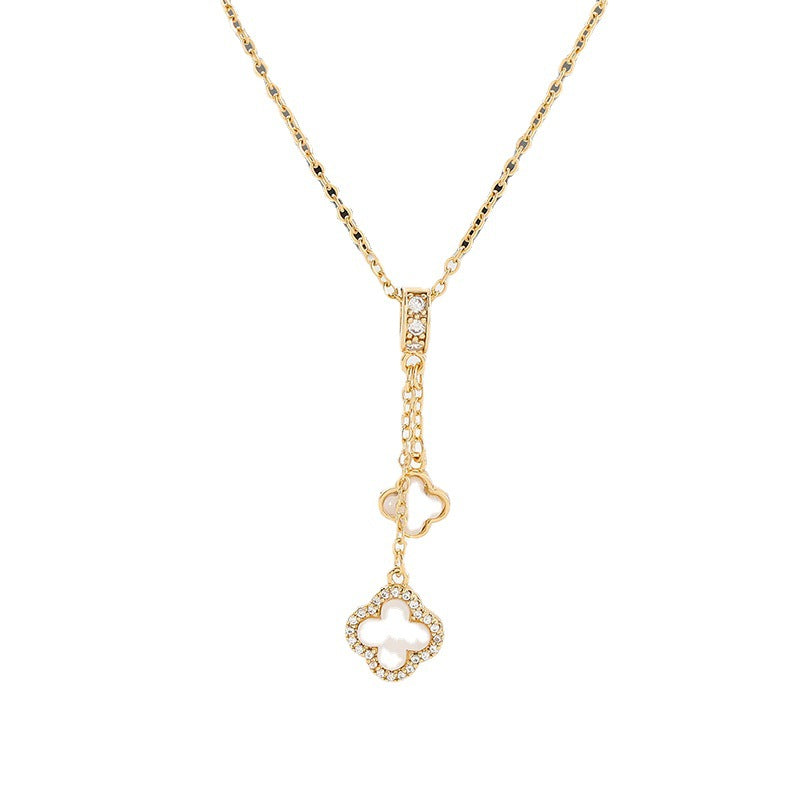 Korean Version of Fashionable and Simple Micro-inlaid Zircon Fringed Four-leaf Clover Pendant Titanium Steel Clavicle Chain Jewelry