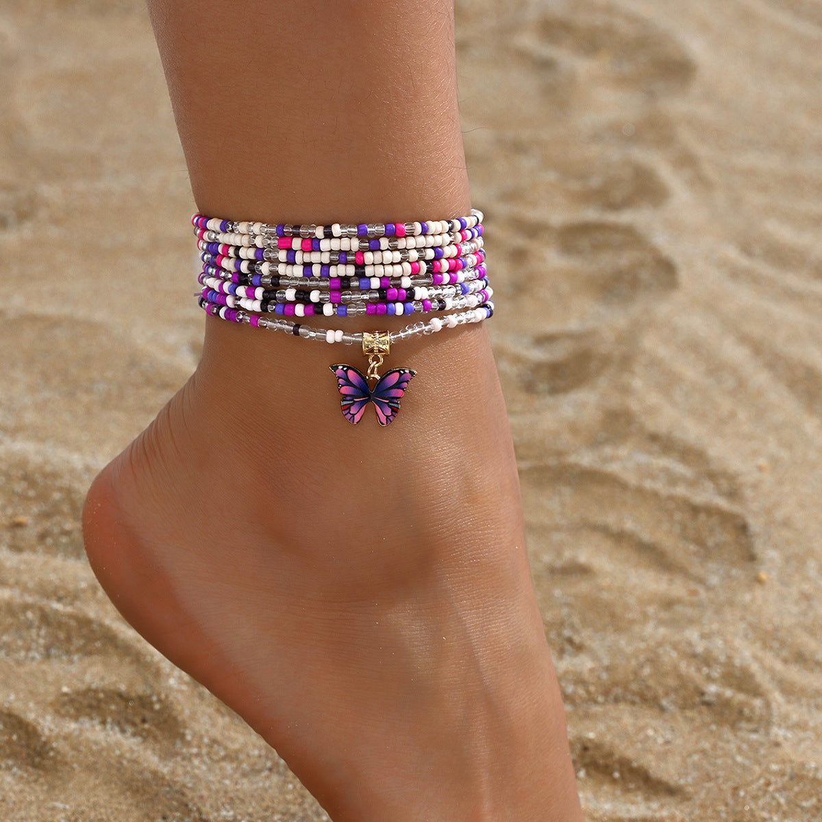 European and American Jewelry Summer Versatile Butterfly Rice Bead Anklet Creative Multi-purpose Beach Trend Foot Decoration Two-piece Set