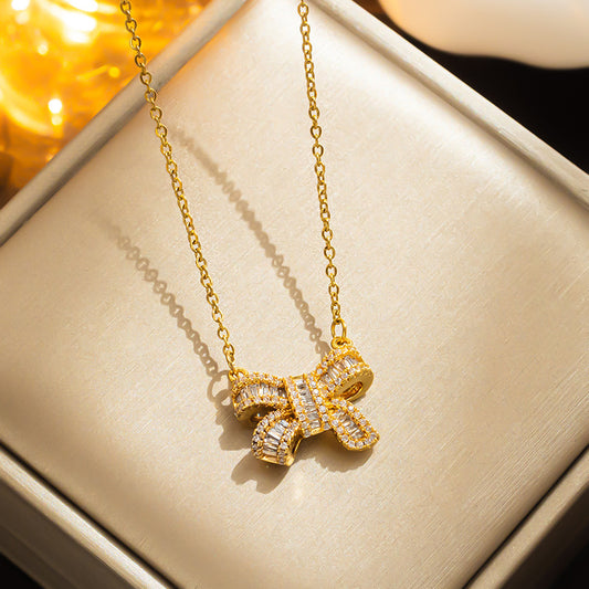 Bow Necklace Female, Titanium Steel Crystal New Female Light Luxury Niche Ins Cold Wind Collarbone Chain Does Not Fade