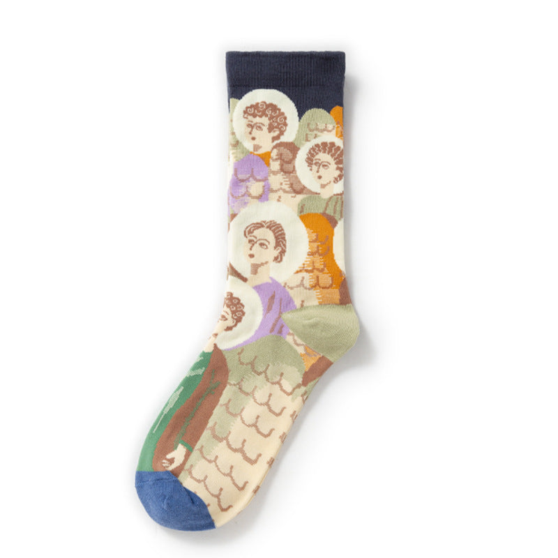 Oil Painting Socks Women's French Retro Ins Tide Autumn and Winter Abstract Tall Tube Creative Combed Cotton Women's Medium Tube Socks