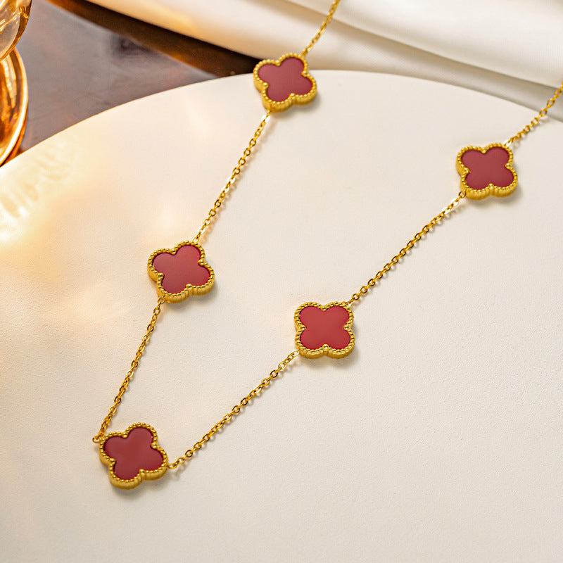 Titanium Steel Four-leaf Clover Five-flower Double-sided Fritillary Necklace 18K Real Gold Electroplating Non-fading Light Luxury High-sense Collarbone Chain