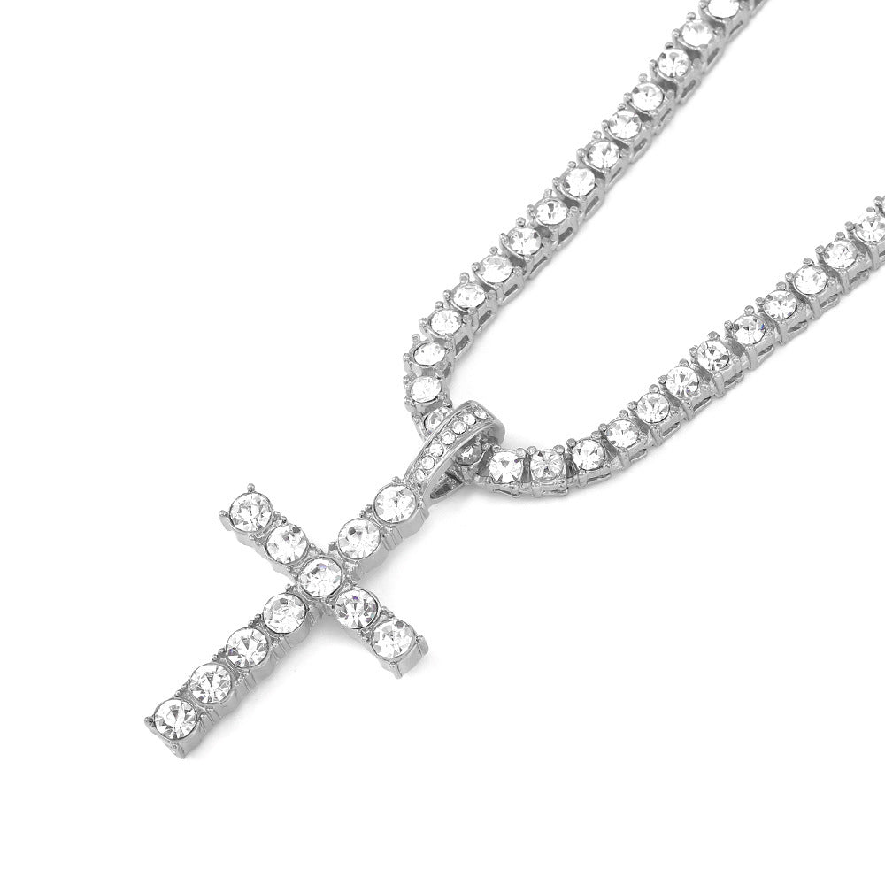 Popular Hip Hop Cross Necklace Pendant Full Diamond 4mm Tennis Chain Trendy Men's Personalized Jewelry