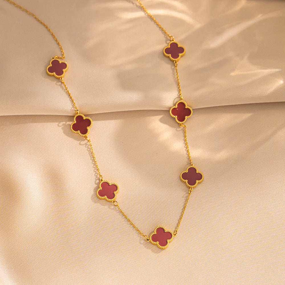 Titanium Steel Four-leaf Clover Five-flower Double-sided Fritillary Necklace 18K Real Gold Electroplating Non-fading Light Luxury High-sense Collarbone Chain