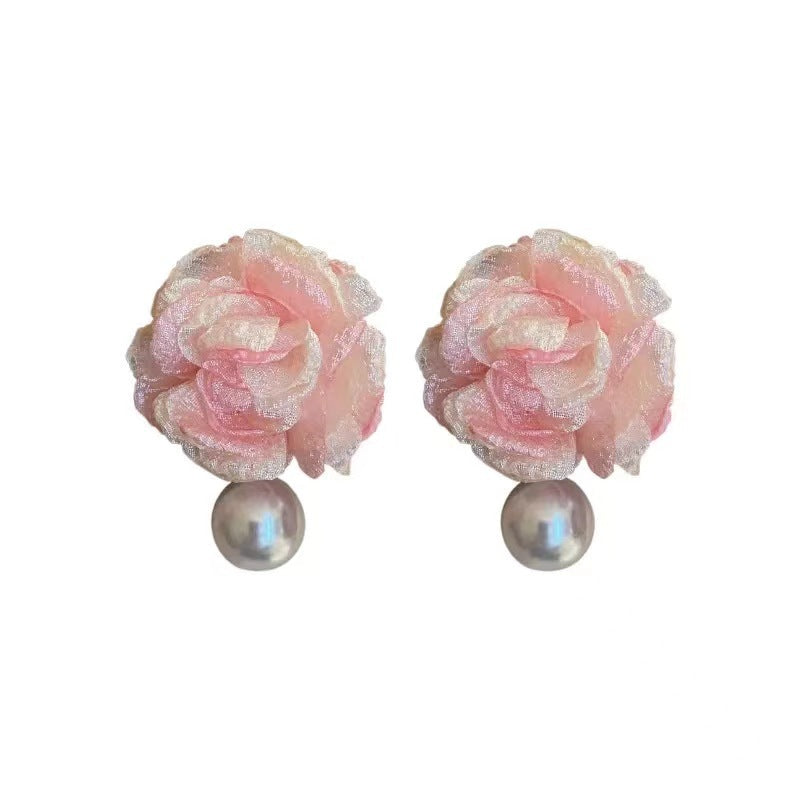 Pink Big Flower Earrings Girl Mori Sweet Small Fresh Three-dimensional Chiffon Pearl Pendant Earrings Tide