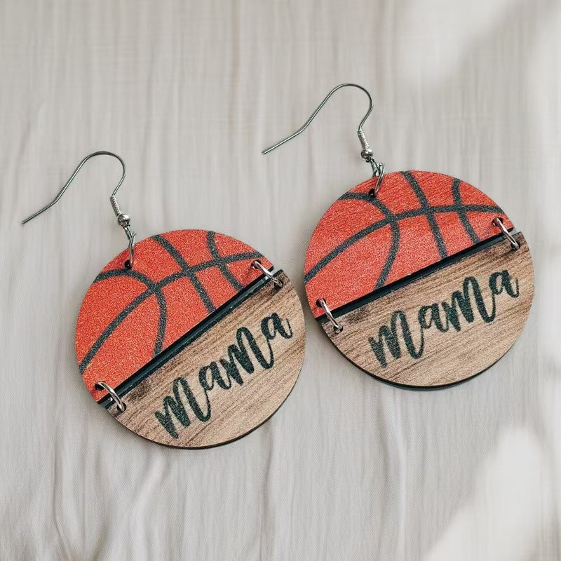 MOM Mother's Day Wooden Earrings Sports Softball Basketball Wooden Round Earrings Earrings Batch