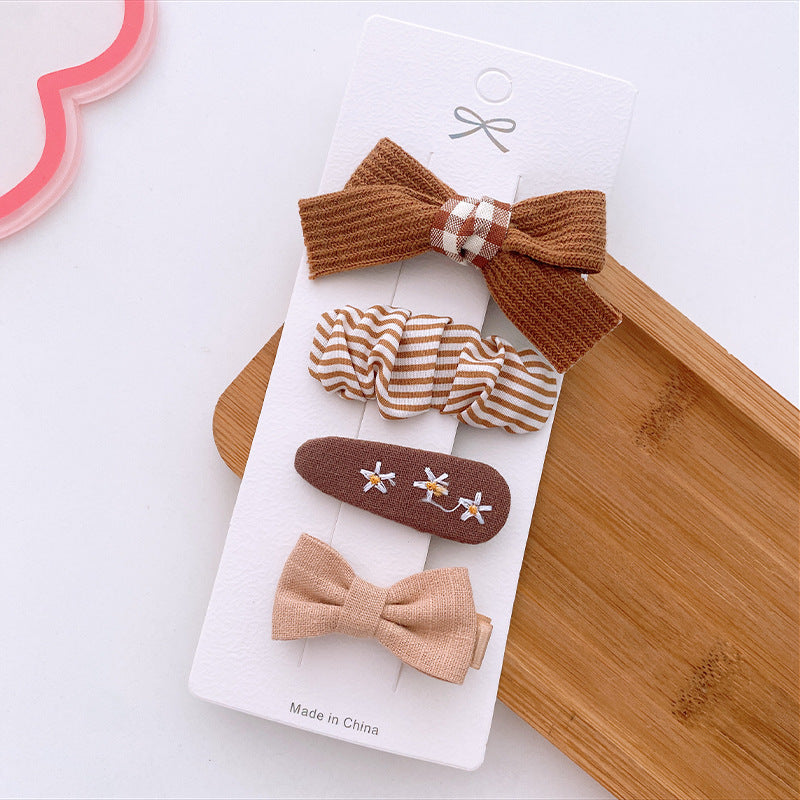4 Milk Coffee Color Versatile Fabric Children's Break Clip Bow Girl Heart Hairpin Edge Clip Korean Sweet Hairpin