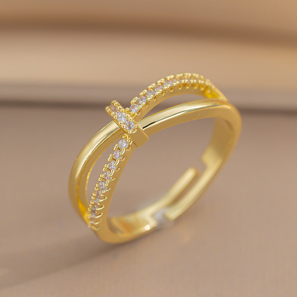 New Micro-inlaid Diamond Cross-kink Ring Women's Light Luxury European and American Style Personalized Opening Niche Design Ring