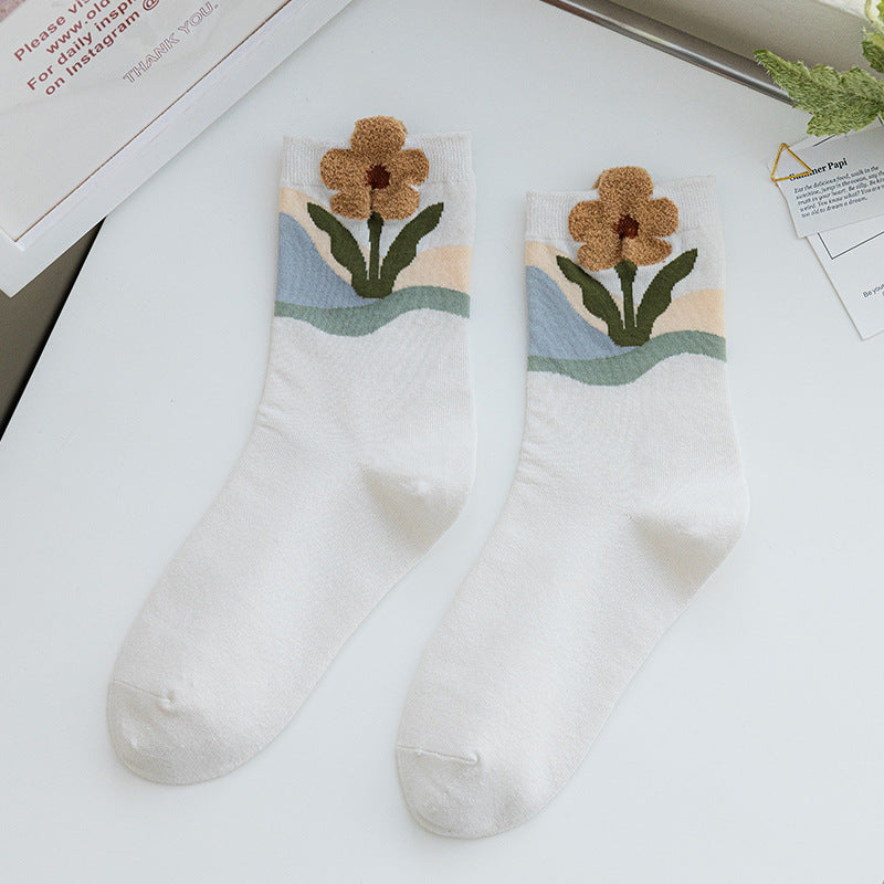 Socks Women's Pure Cotton Spring and Autumn Tube Three-dimensional Flower Cotton Socks Small Flower Japanese Trend Internet Celebrity Casual Women's Socks Wholesale