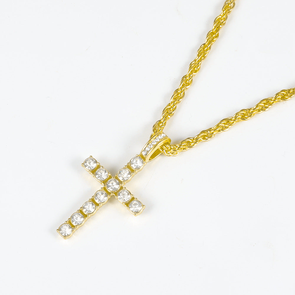 Popular Hip Hop Cross Necklace Pendant Full Diamond 4mm Tennis Chain Trendy Men's Personalized Jewelry