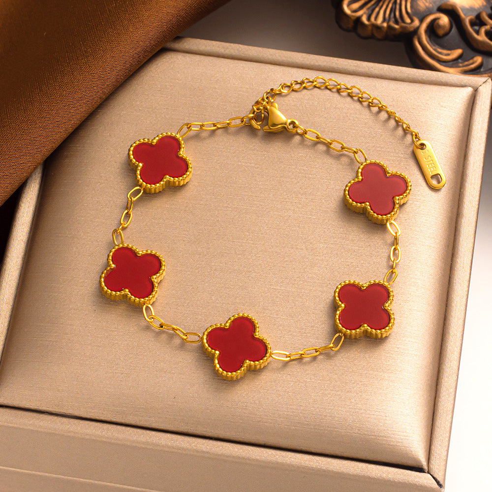 Four-leaf Clover Necklace 13MM Bracelet Stud Earrings Three-piece Set Versatile Lucky Four-leaf Clover Five-flower Bracelet Collarbone Chain Earrings
