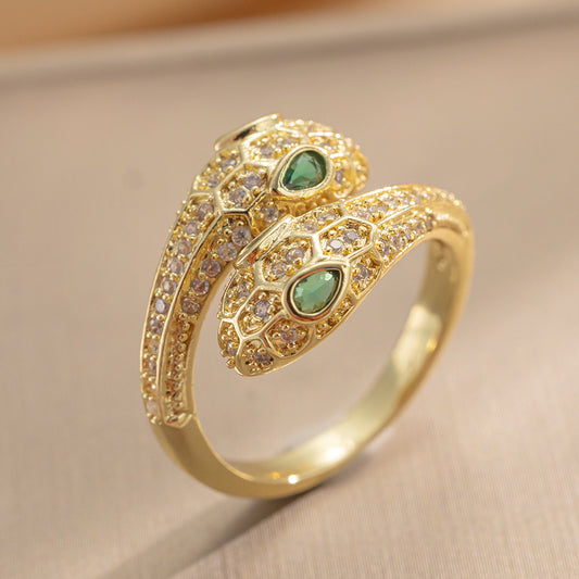 Micro-inlaid Zircon Two-headed Snake Ring, Women's Light Luxury High-end Sense Snake-shaped Personalized Index Finger Ring, Niche Design Sense Ring Tide