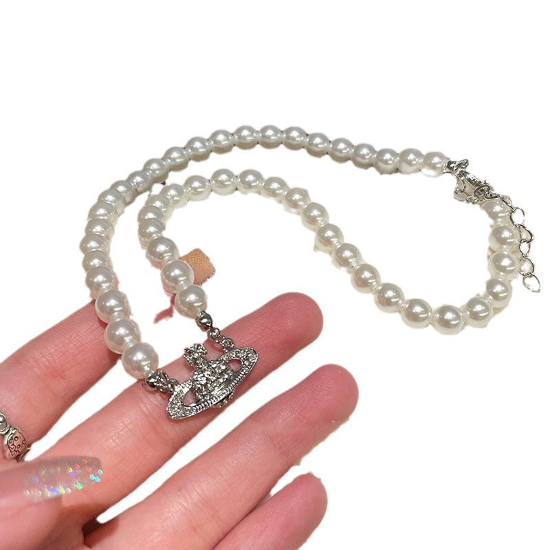 Korean Version of Fashion Niche Design Saturn Pearl Necklace Light Luxury Collarbone Chain Women's Summer High-end Temperament Neck Chain Accessories