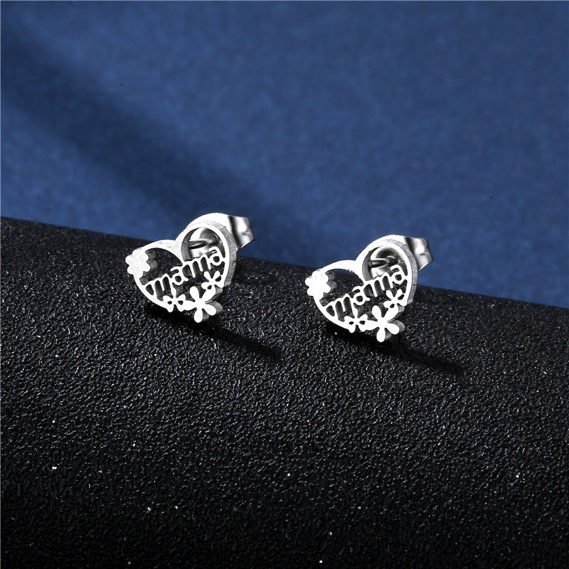 Simple Heart-shaped English Letter Mom Mom Necklace Female Flower Love Collarbone Chain Stud Earrings Set