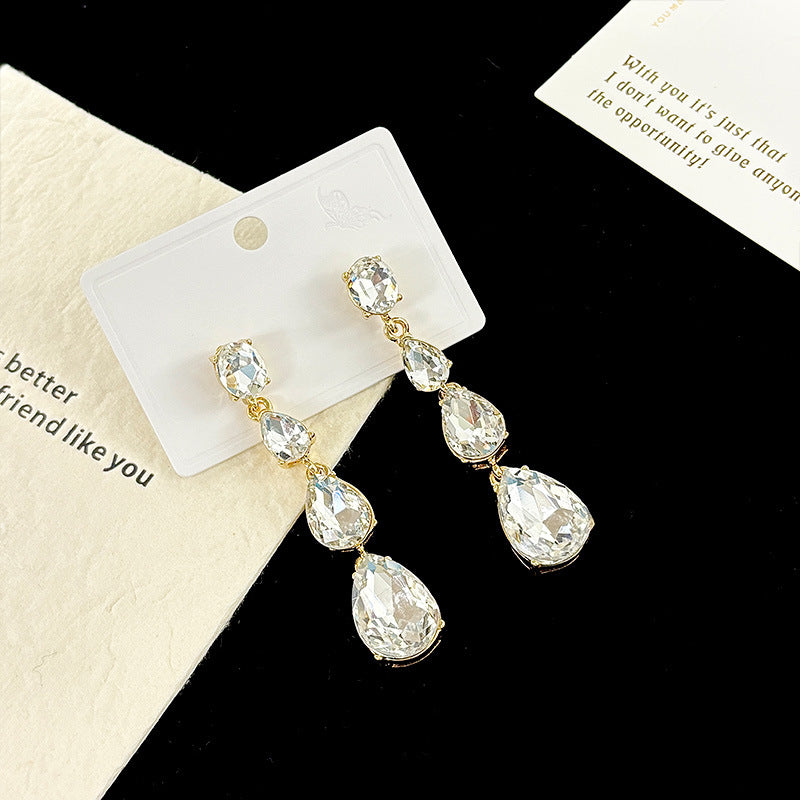 New Glass Diamond Inlaid Water Drop-shaped Long Earrings Women's European and American Color Series Earrings