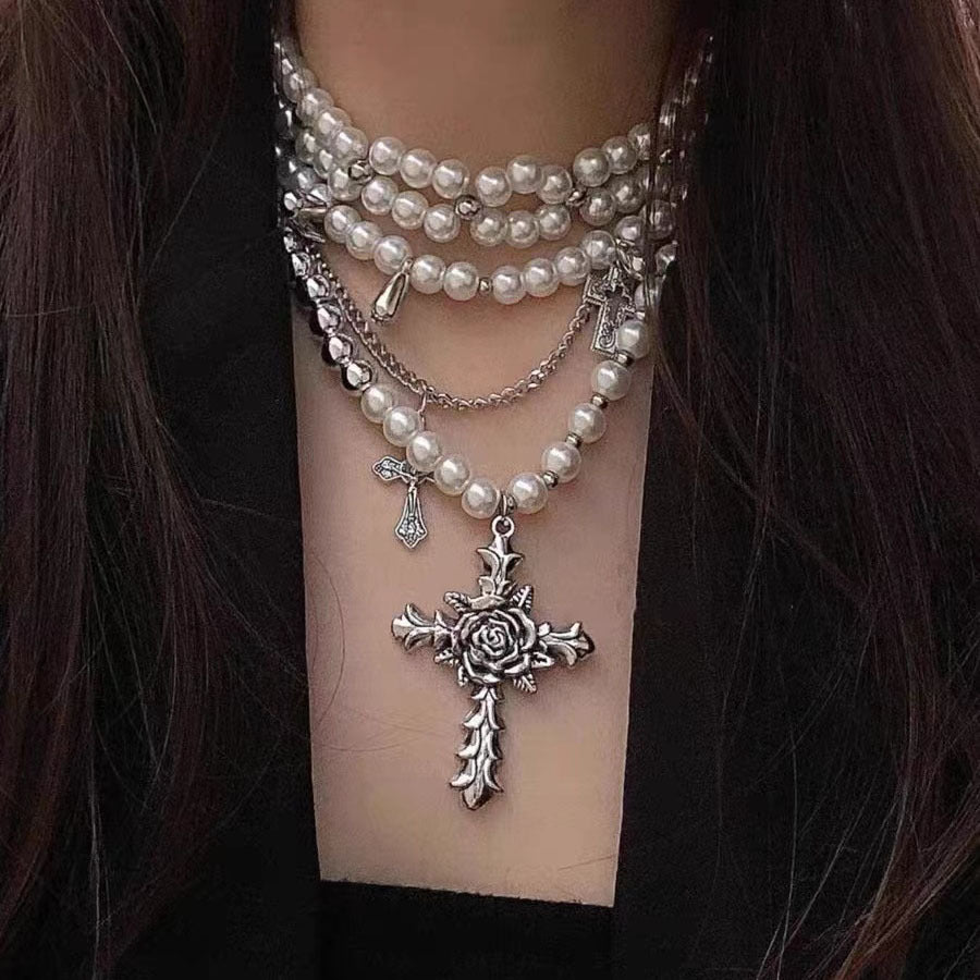 Vintage Baroque Temperament Chocker Collarbone Chain Niche Fashion Cross Pearl Stacked Multi-layer Necklace