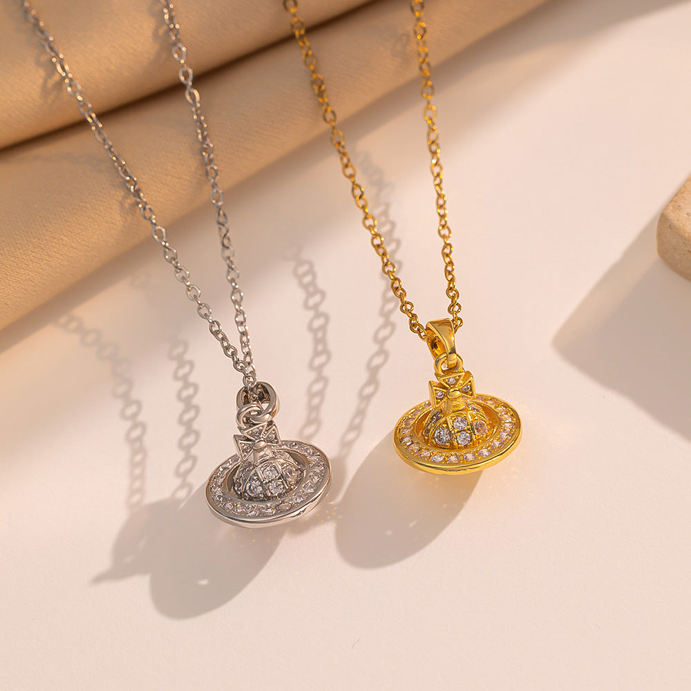 New Gold Diamond-encrusted Mini Planet Titanium Steel Necklace Does Not Fade Girls Versatile Light Luxury Niche Versatile Accessories