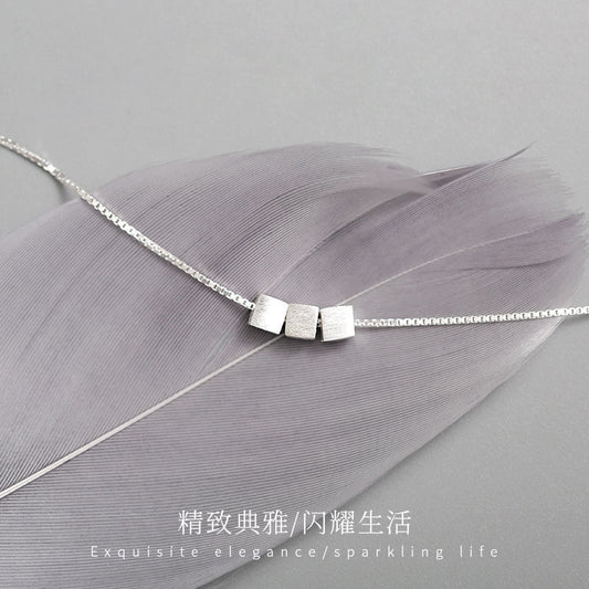 Plated S925 Silver Brushed Square Necklace Simple Personality Small Fresh Design Geometric Pendant Student Collarbone Chain Korean Version