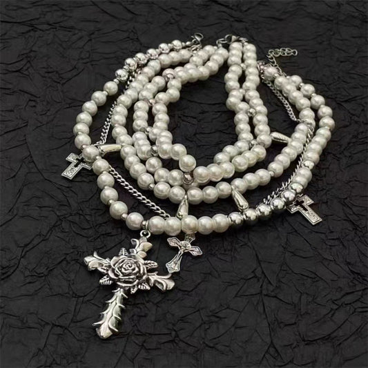 Vintage Baroque Temperament Chocker Collarbone Chain Niche Fashion Cross Pearl Stacked Multi-layer Necklace