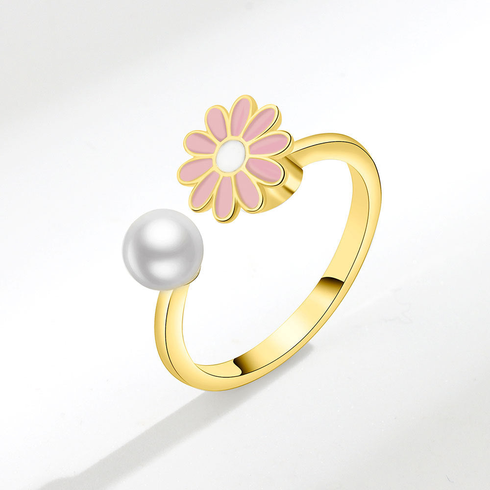 Popular Small Daisy Rotating Ring Female Design Sense Small Daisy Flower Pearl Ring Creative Dripping Jewelry Female