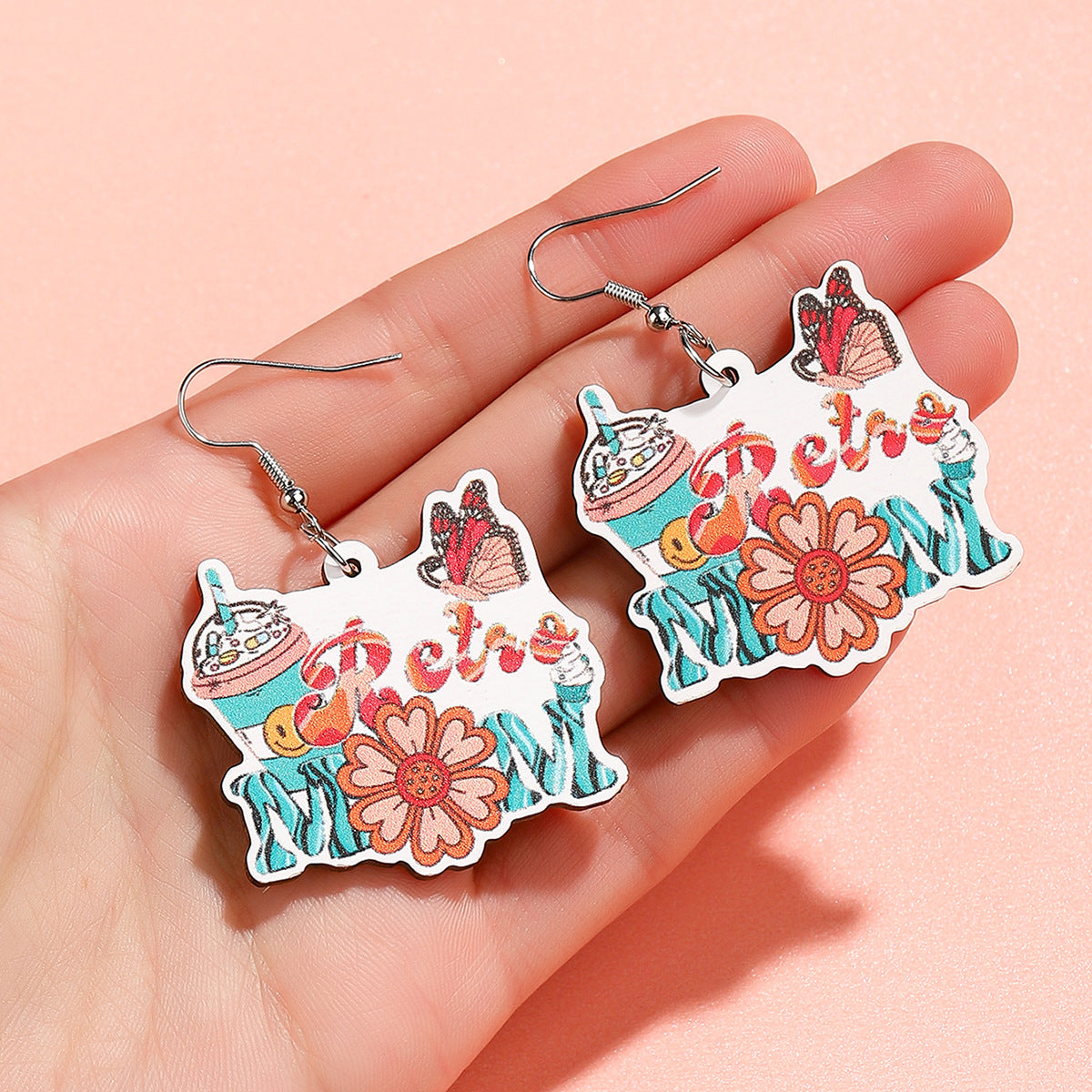 New Mother's Day Wooden Earrings Cartoon MOM Coffee Milk Tea Cup Earrings Flower Mom Kitchen Supplies Earrings