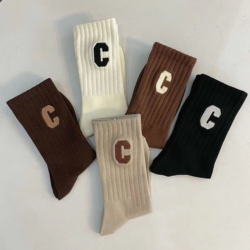 Korean Version of Socks Women's Medium Tube Vertical Pattern Thin Ins Versatile High Value Mori School Letters Spring and Autumn Trendy Socks Women