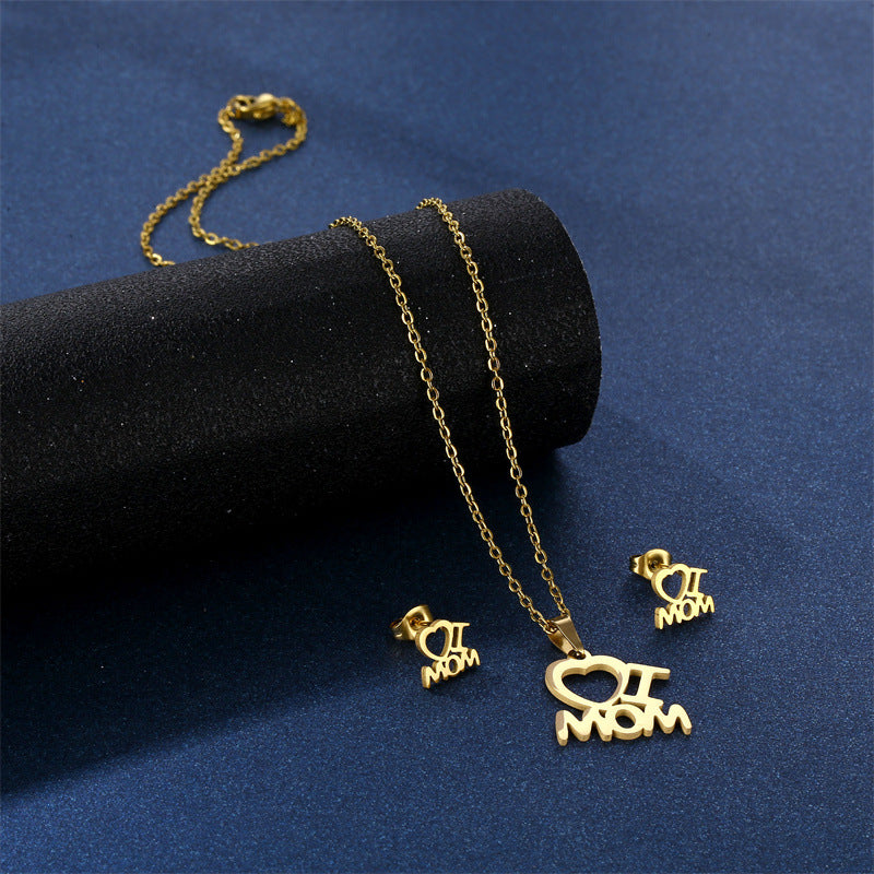 Mother's Day Necklace Female, Personalized Creative Mother Pendant Stud Earrings Set 18K Gold Hollow Collarbone Chain Wholesale