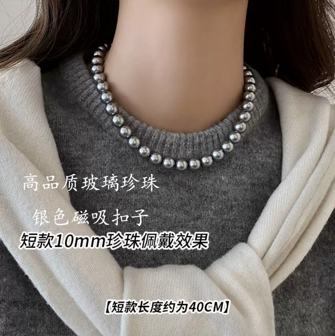 Aobai Magnetic Buckle Round Pearl Necklace Female Fashion Celebrity Neck Chain Temperament Design Advanced Sense Collarbone Chain