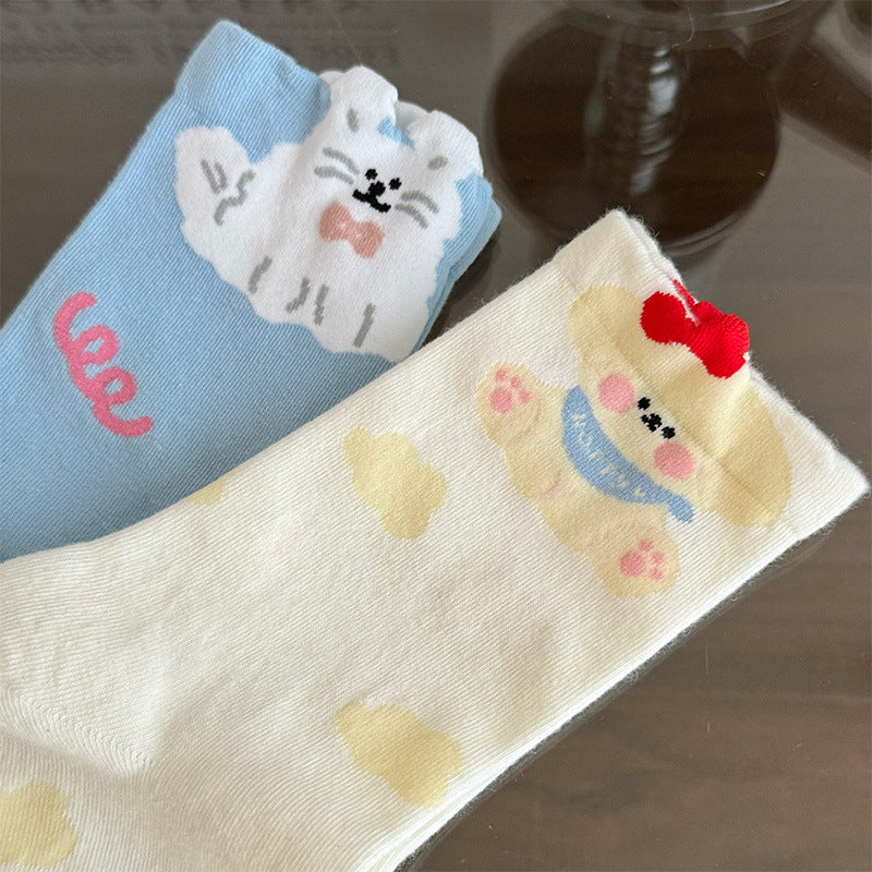 Funny Cartoon Puppy Socks Women's Autumn and Winter Blue Medium Tube Socks Pure Cotton Japanese Cute Student Spring and Autumn Stockings