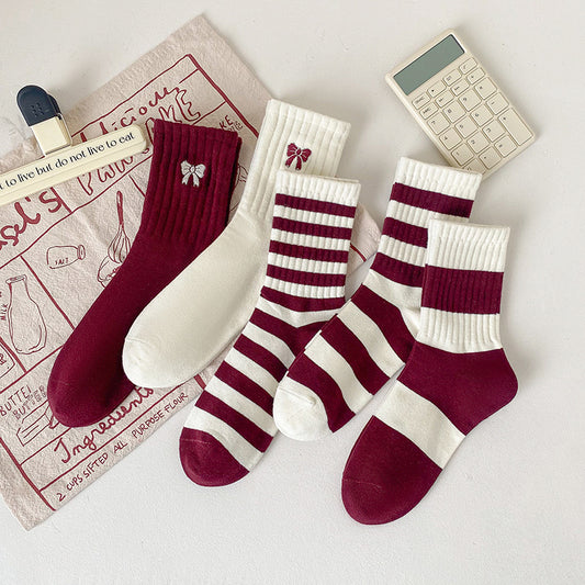 Ankola Red Socks Women's Medium Tube Socks Spring and Autumn Embroidery Bow Cotton Socks Versatile Striped Stockings Striped Women's Socks