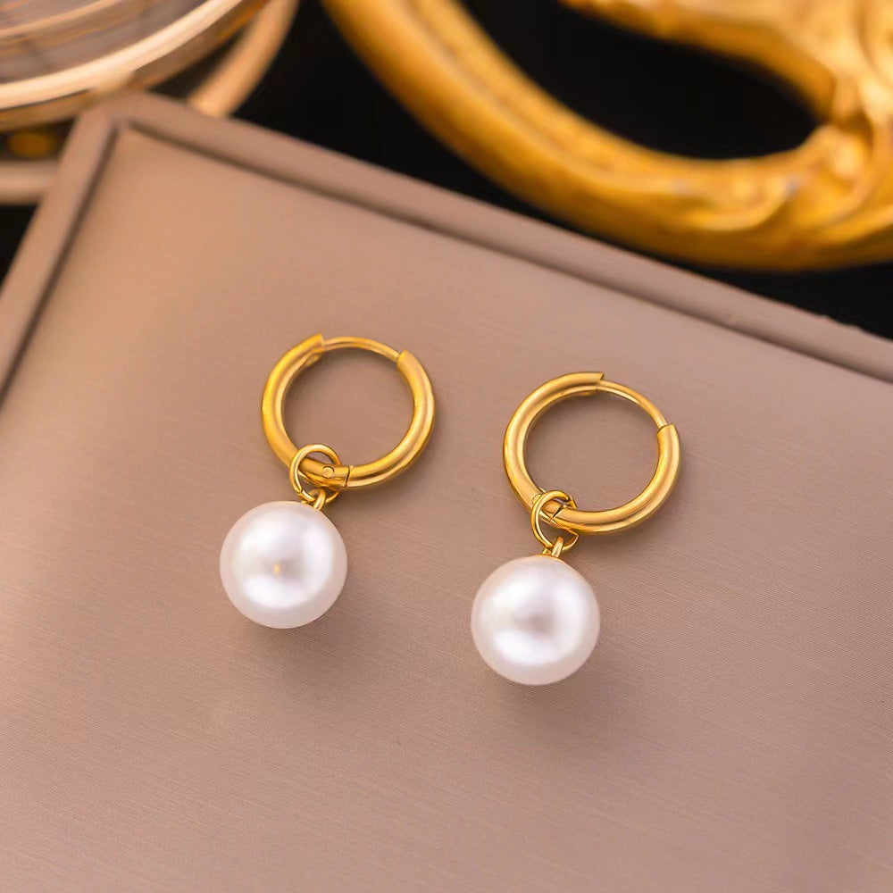 European and American Retro Fashion Versatile Titanium Steel Geometric Pearl Earrings