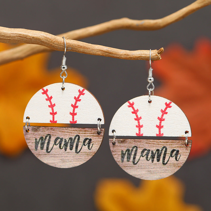MOM Mother's Day Wooden Earrings Sports Softball Basketball Wooden Round Earrings Earrings Batch