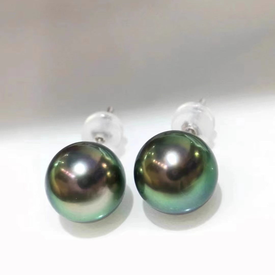 18K White Gold High Quality Tahitian Malachite Green Seawater Pearl Glass Bead Strong Light Perfect Round Earrings Earrings Popular