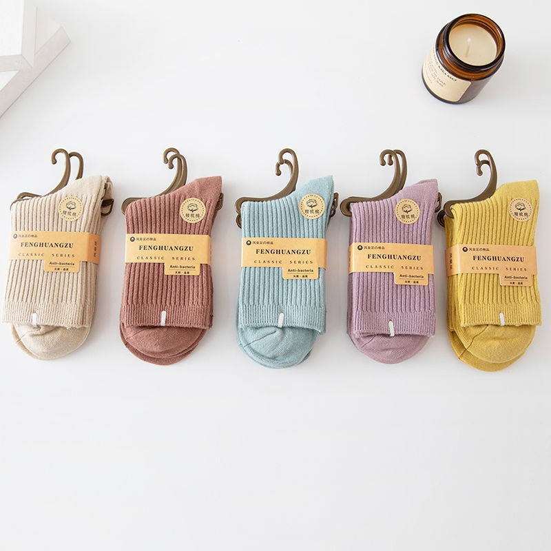 New Socks Women's Solid Color Double Needle Medium Tube Cotton Socks Spring and Autumn Thickened Warm Casual Stockings