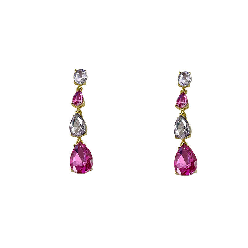 New Glass Diamond Inlaid Water Drop-shaped Long Earrings Women's European and American Color Series Earrings