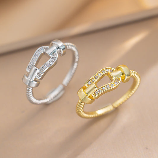 Seiko High-end Classic Horseshoe Buckle Ring, Japanese and Korean Fashion Temperament Ins Brushed Ring, Adjustable Jewelry for Women