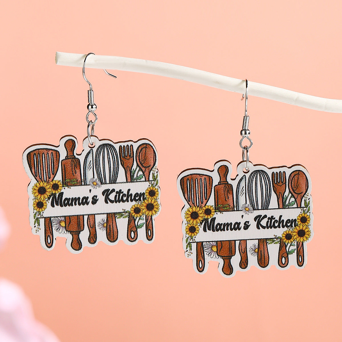 New Mother's Day Wooden Earrings Cartoon MOM Coffee Milk Tea Cup Earrings Flower Mom Kitchen Supplies Earrings