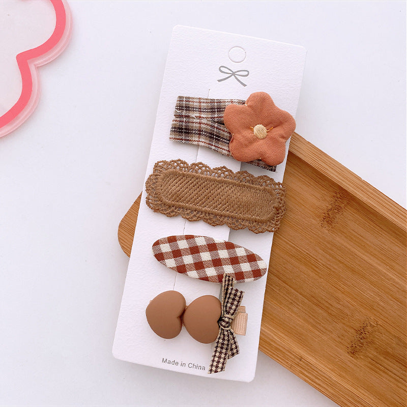 4 Milk Coffee Color Versatile Fabric Children's Break Clip Bow Girl Heart Hairpin Edge Clip Korean Sweet Hairpin