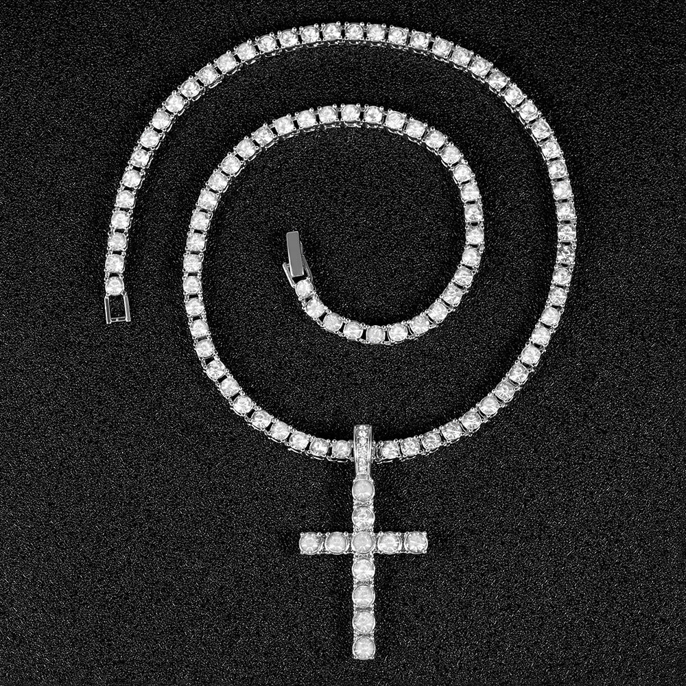 Popular Hip Hop Cross Necklace Pendant Full Diamond 4mm Tennis Chain Trendy Men's Personalized Jewelry