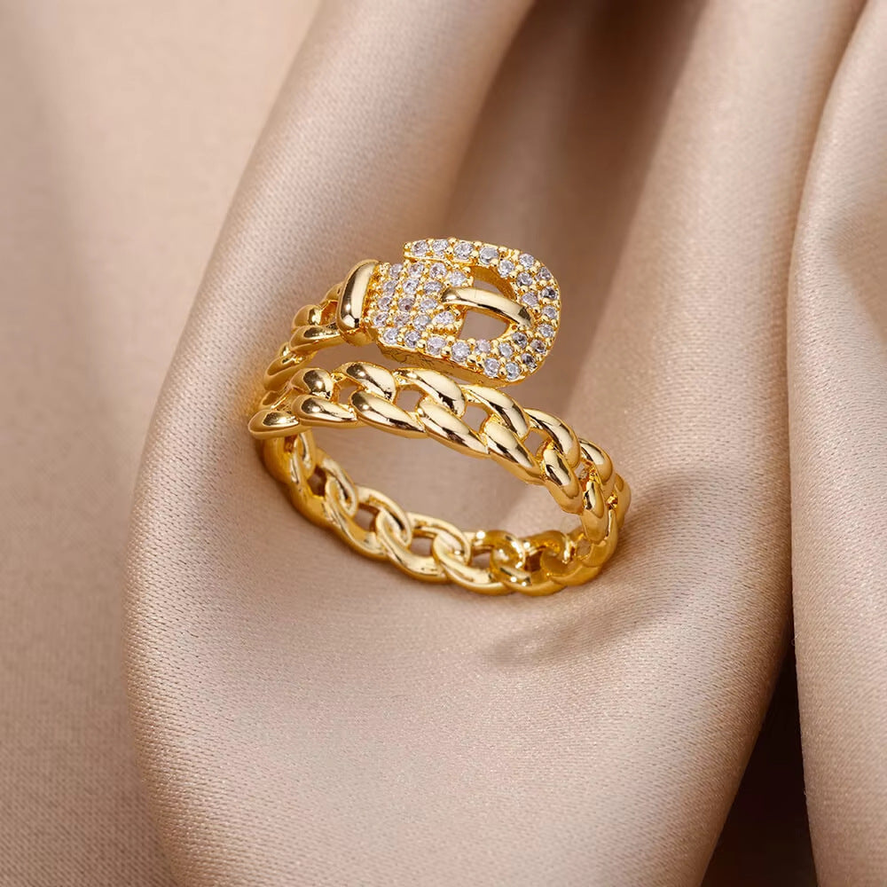 Women 18K Gold Plated Full Diamond Titanium Steel Non-Fading Opening Ring Zircon Leaf Ring