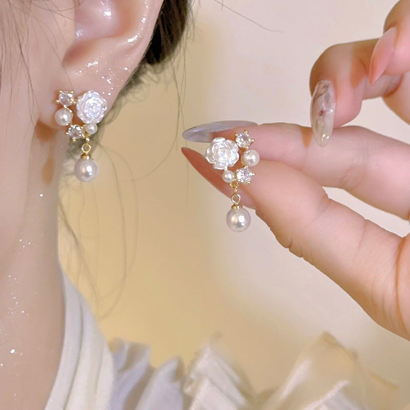 925 Silver Needle Pearl Zircon Earrings Women's High-end Sense Niche Temperament Cold Wind Mori Earrings Ear Jewelry Wholesale