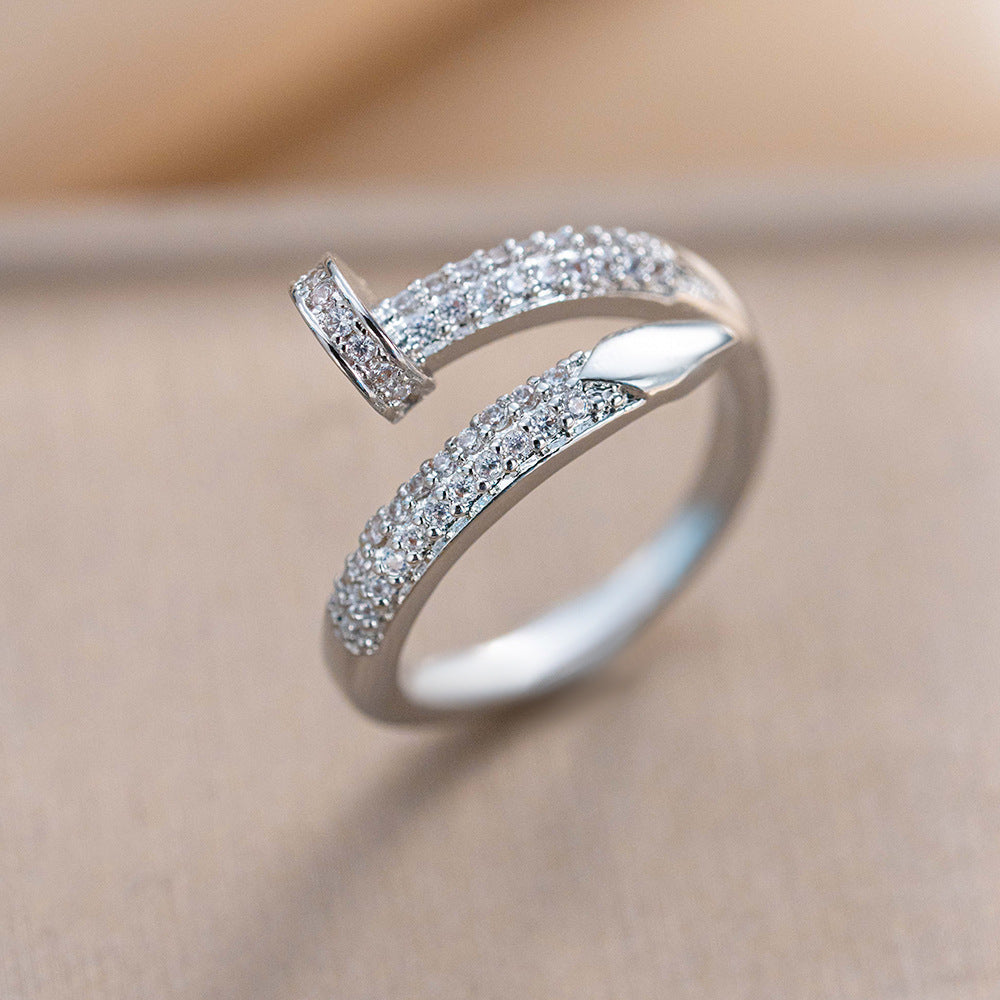 Fashion Light Luxury 18k Electroplated Nail-shaped Live Ring Women's Niche High-end Sense Opening Adjustable Ring Hot-selling