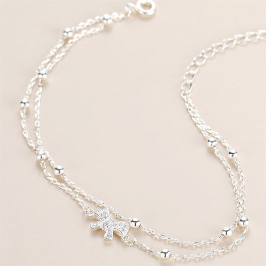 925 Sterling Silver Double-layer Bow Bracelet Women's Light Luxury Niche High-end Sense Exquisite Versatile Stacked Wearing Jewelry New Trend