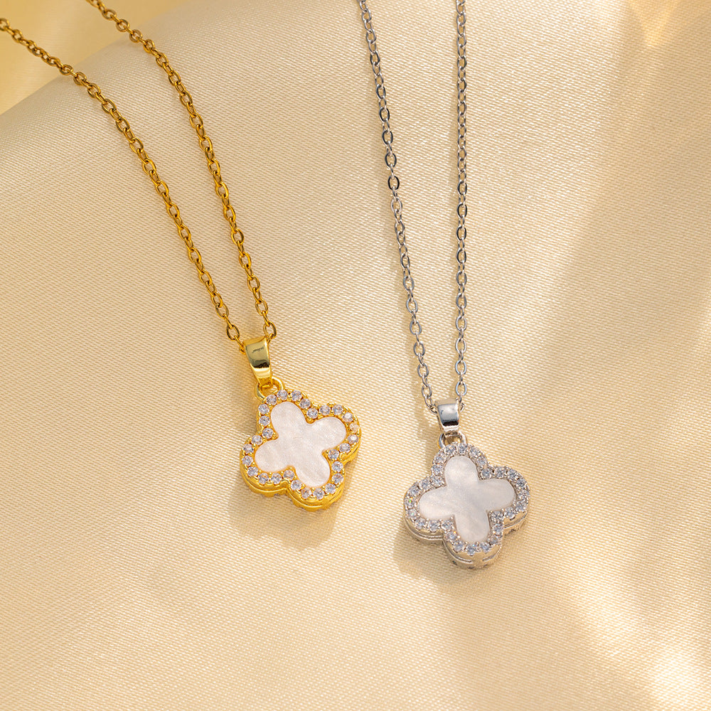 Gold Luxury Full Diamond Four-leaf Clover Necklace Women's Black and White Double-sided Design Sense Internet Celebrity Collarbone Chain 18k Gold-plated Neck Chain