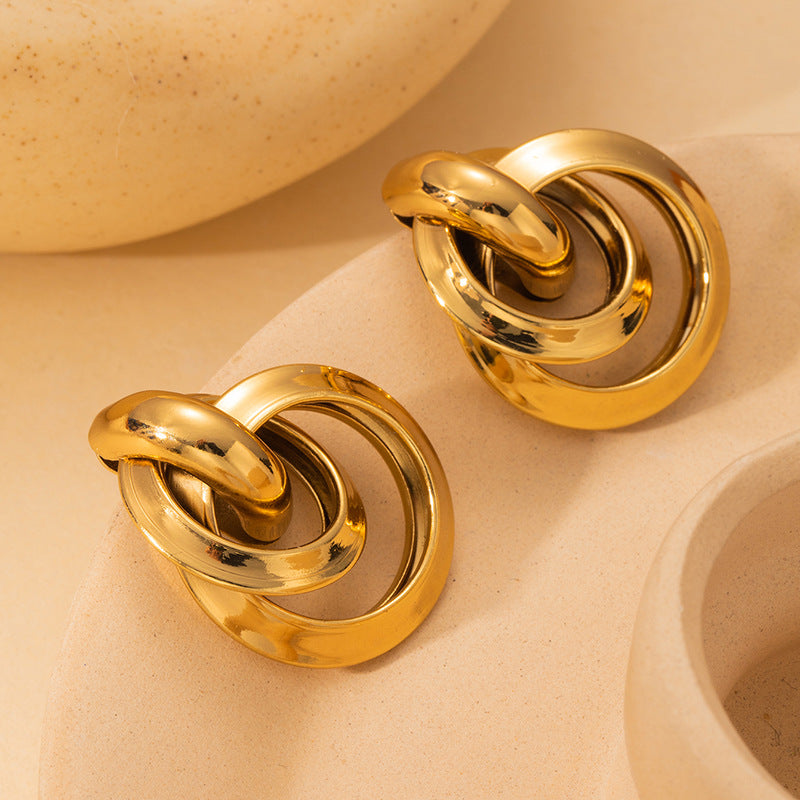 Exaggerated Titanium Steel Round Earrings Gold 18K Gold Light Luxury Earrings Fashion High Sense Love Earrings