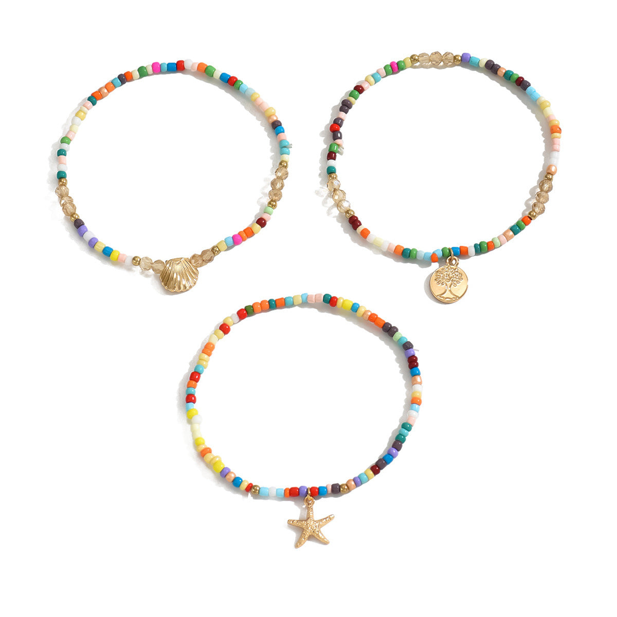 Bohemian Vacation Wind Alloy Starfish Scallop Peace Tree Pendant Colored Rice Bead Elastic Anklet Set